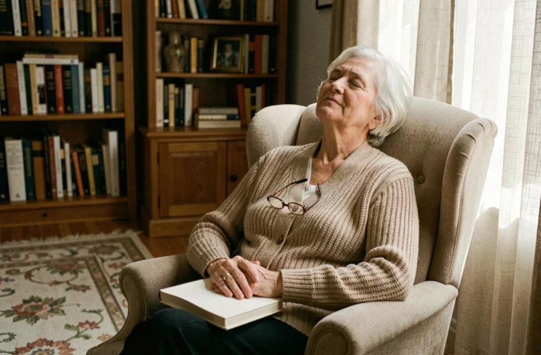 Une femme âgée aux yeux fermés reposant paisiblement dans un fauteuil douillet, illustrant pourquoi les seniors ferment souvent les yeux