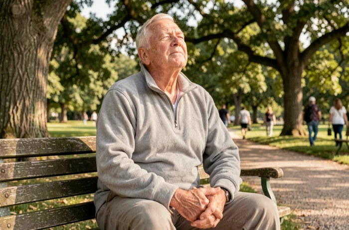 Un homme âgé assis sur un banc de parc les yeux fermés dans une attitude sereine, évoquant les habitudes de repos des personnes âgées