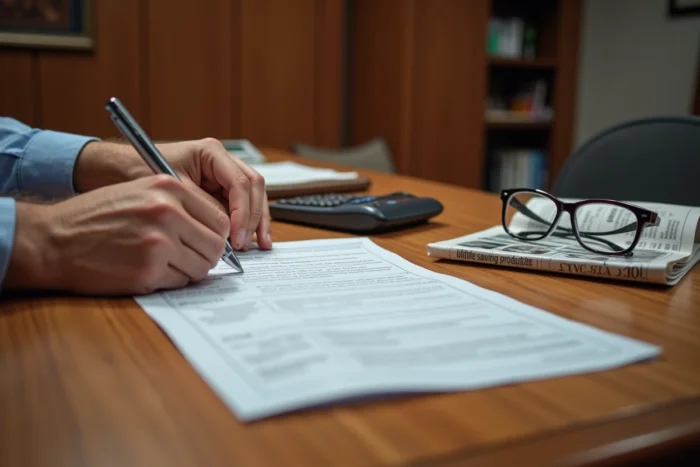 Mains signant un formulaire d'ouverture d'assurance vie avec calculatrice et documents financiers