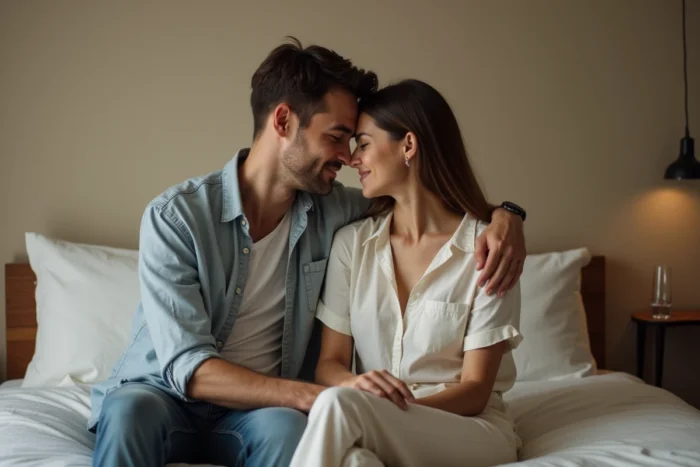 Homme attentionné assis au bord du lit se penchant vers sa partenaire, langage corporel amoureux et bienveillant en chambre