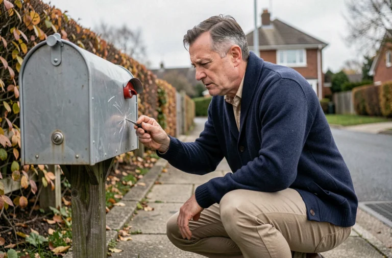 Homme examinant des marques suspectes sur une boîte aux lettres métallique devant une maison de banlieue