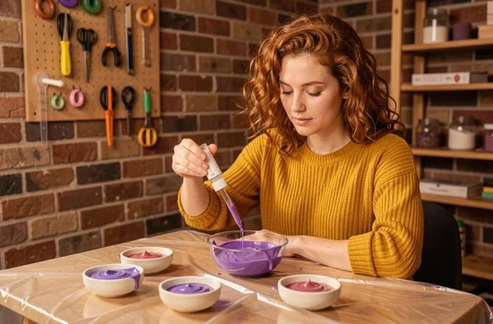 Jeune femme dosant de la solution saline pour rattraper un slime violet trop liquide sur une table de bricolage