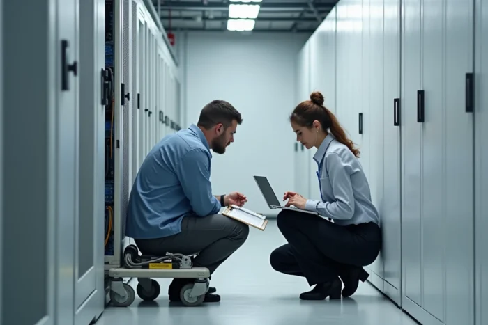 Deux spécialistes réseau inspectant physiquement les câbles et panneaux de brassage lors d'un audit réseau en data center
