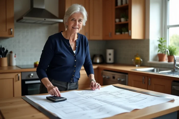 Femme calculant la superficie d'une pièce irrégulière avec une calculatrice et un plan dessiné à la main sur papier quadrillé