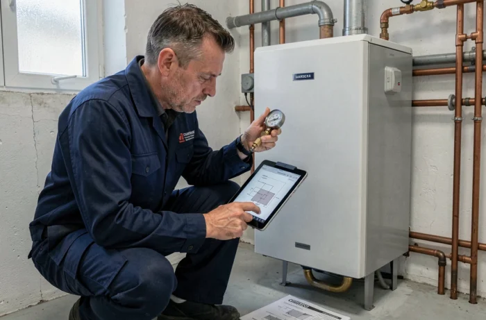Technicien en chauffage inspectant une chaudière à condensation dans un local technique d'appartement bruxellois