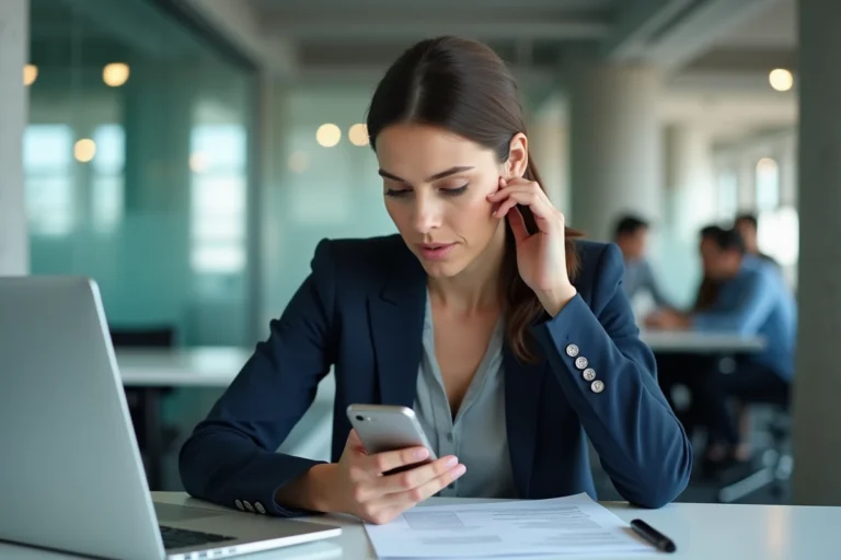 Employée québécoise consultant son téléphone personnel au bureau dans un environnement de travail moderne