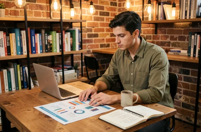 Jeune entrepreneur étudiant des tendances business dans un espace de coworking moderne