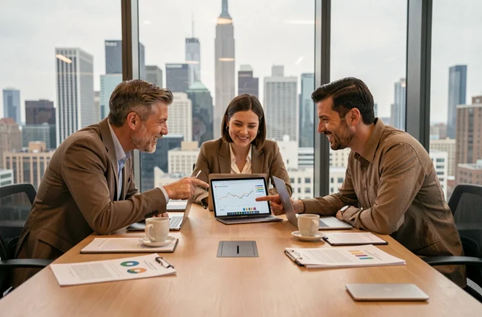 Équipe de professionnels analysant des tendances business autour d'une table de réunion avec vue sur la ville