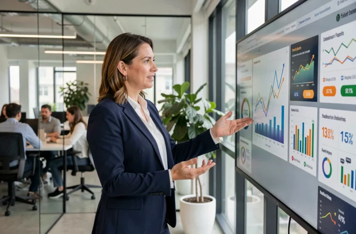 Femme cadre présentant des tendances business sur un écran interactif dans un bureau moderne