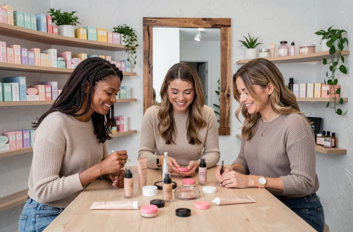 Trois femmes découvrant ensemble des produits cosmétiques et soins de beauté dans un studio de beauté contemporain