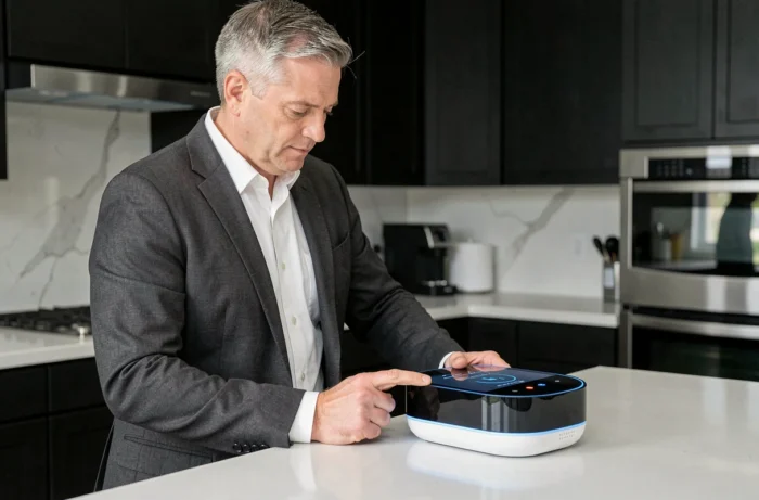 Homme interagissant avec un assistant domestique intelligent dans une cuisine haut de gamme