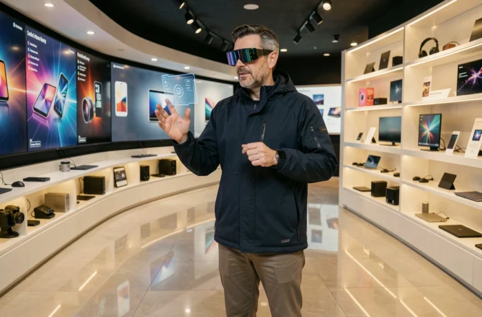Homme testant des lunettes de réalité augmentée dans un showroom high-tech futuriste en 2024