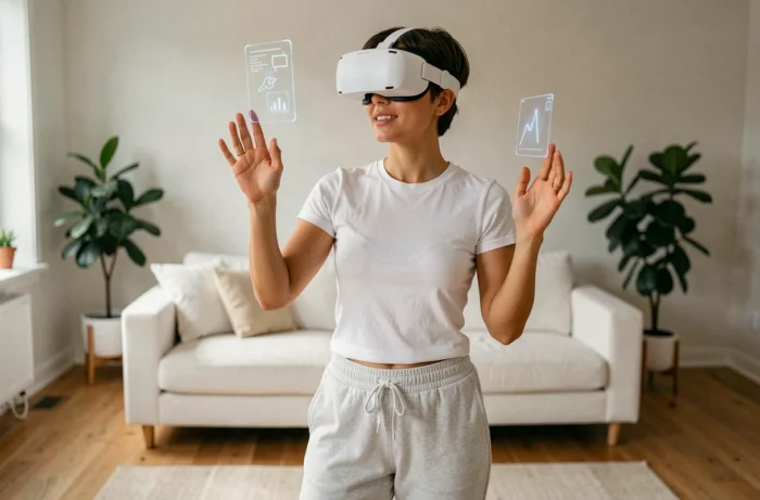 Femme portant un casque de réalité augmentée dans un salon au design scandinave