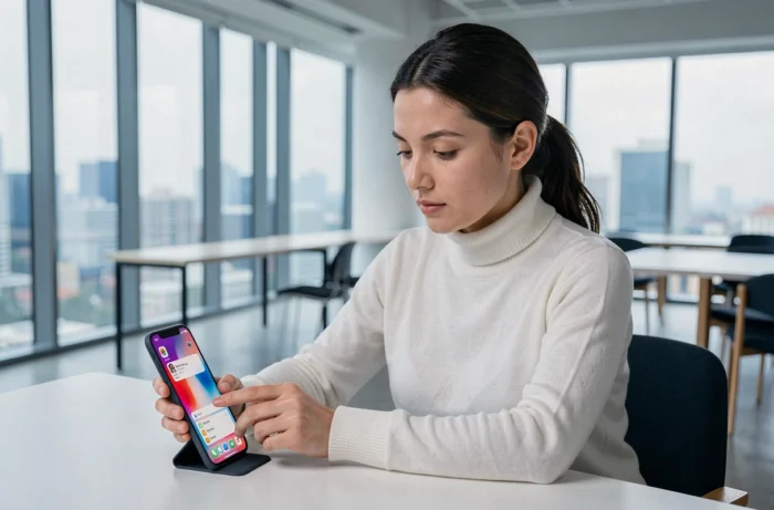 Femme utilisant un smartphone pliable dernier cri dans un bureau moderne et minimaliste en 2024