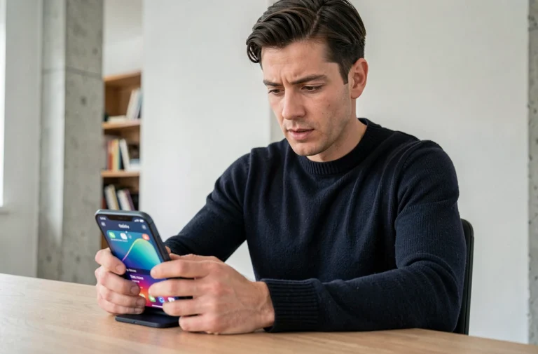 Homme utilisant un smartphone pliable dernière génération dans un bureau moderne minimaliste