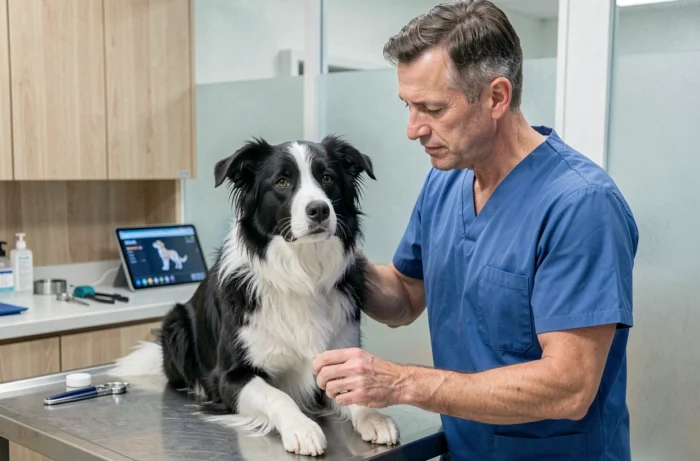 Vétérinaire examinant un Border Collie dans une clinique vétérinaire moderne, santé canine et nouvelles pratiques en 2024