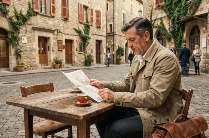 Voyageur consultant une carte dans un café de village européen en pierre pendant un voyage culturel