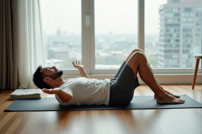 Un homme pratiquant le yoga au sol sans matériel spécifique dans un appartement minimaliste avec parquet, en position d'étirement