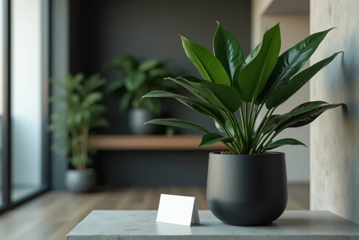 Zamioculcas en pot céramique noir mat offert comme cadeau pour un mariage dans un appartement moderne